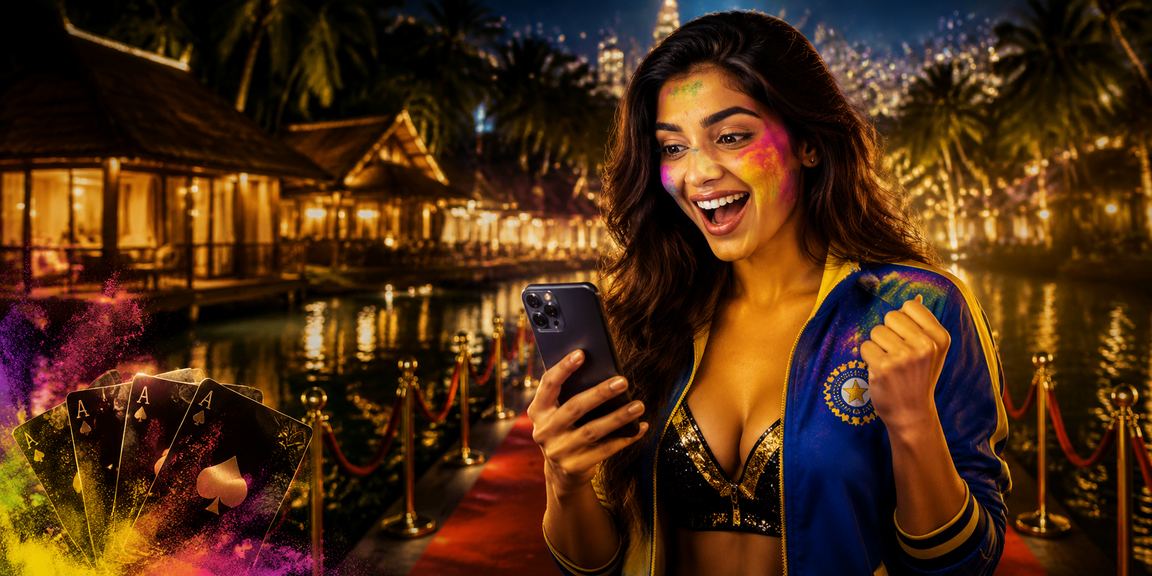 IPL cricket match scene with vibrant Holi festival atmosphere in Kerala